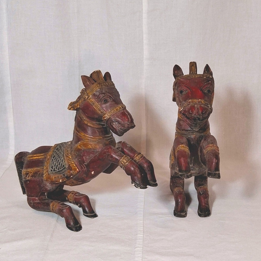 Vintage Pair Rajasthan Wood Horses Hand Carved Painted Folk Art Rearing Set